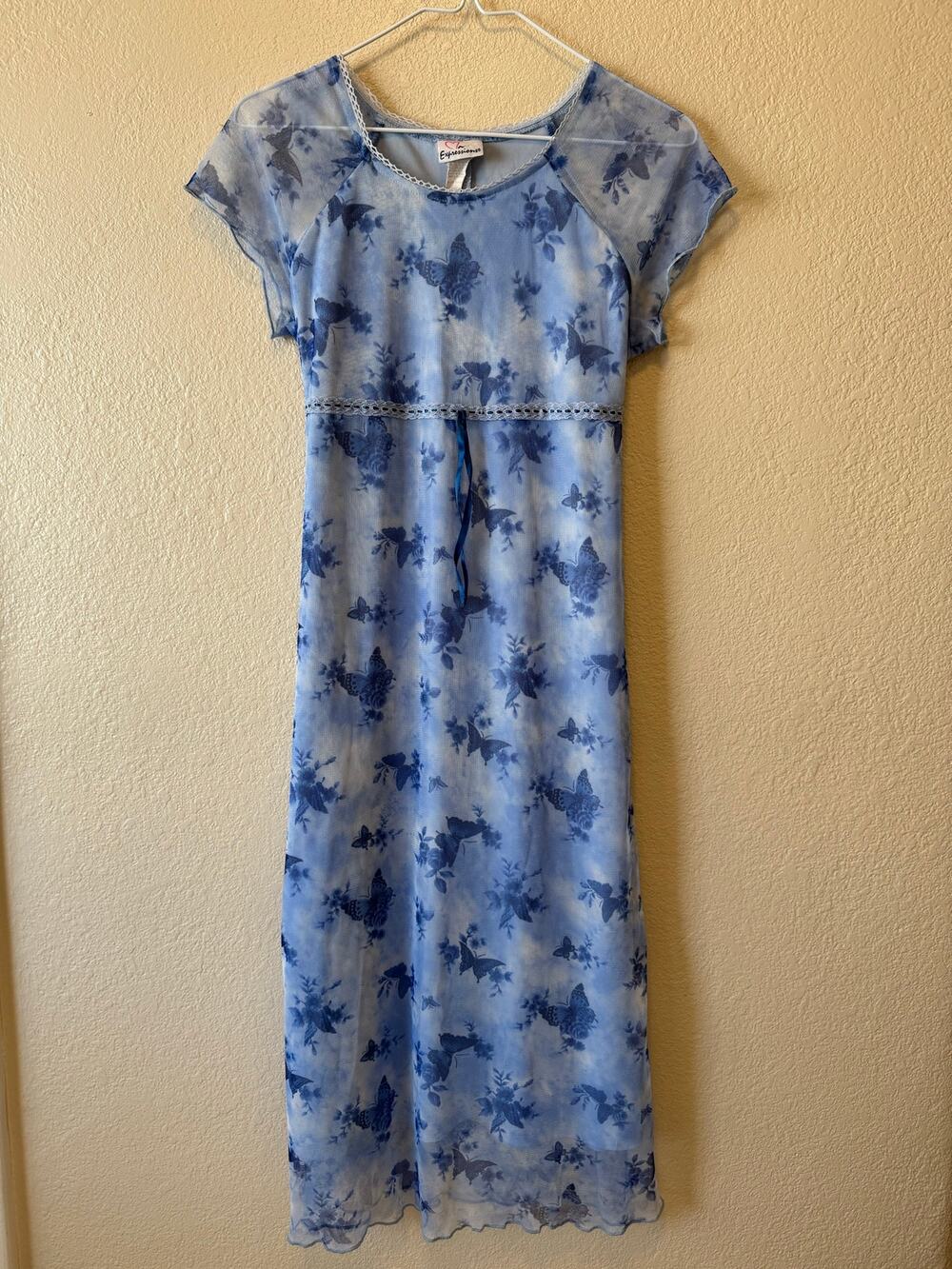 Expressions Vintage Y2K Blue Floral Butterfly Mesh Maxi Dress